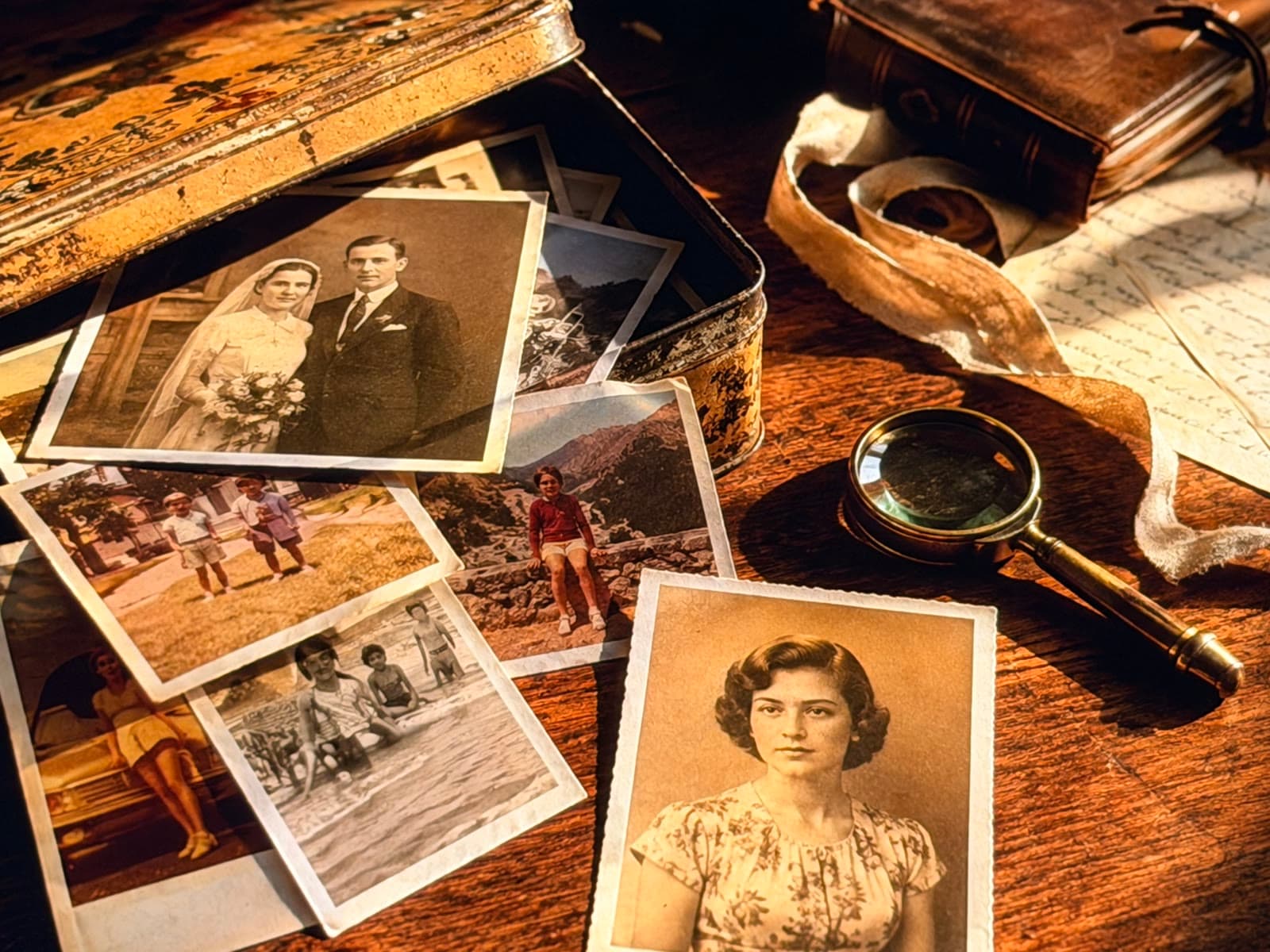 Old family photographs spilling from a vintage tin biscuit box on a warm wooden desk, beside a brass magnifying glass, a leather journal, a folded ribbon, and a handwritten letter. Late afternoon light catches the sepia and Kodachrome tones.