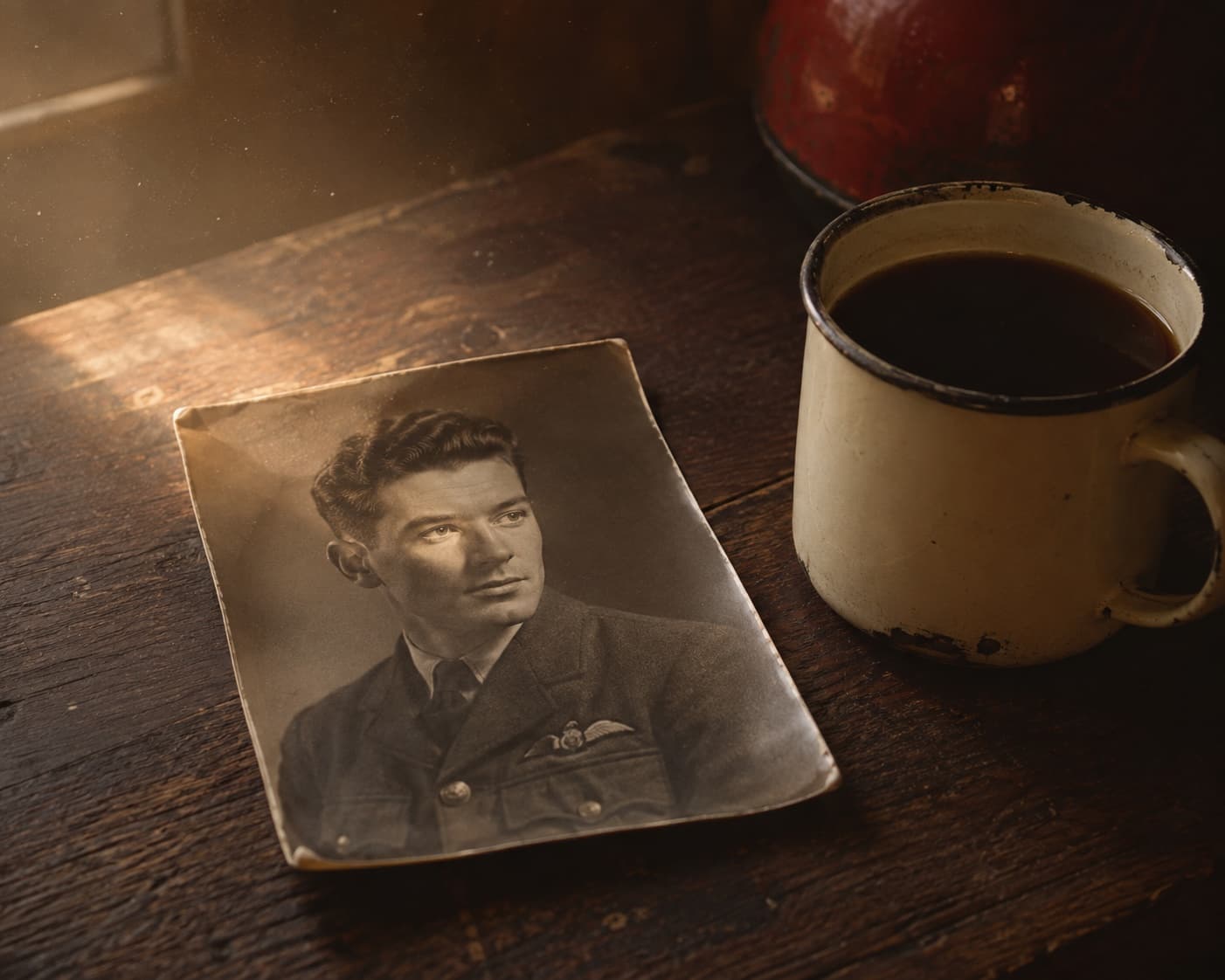 A curled vintage 1940s photograph of an unnamed RAF airman in uniform, resting on a dark wooden table beside a chipped enamel mug of black tea. Soft afternoon light, dust motes catching in the air.