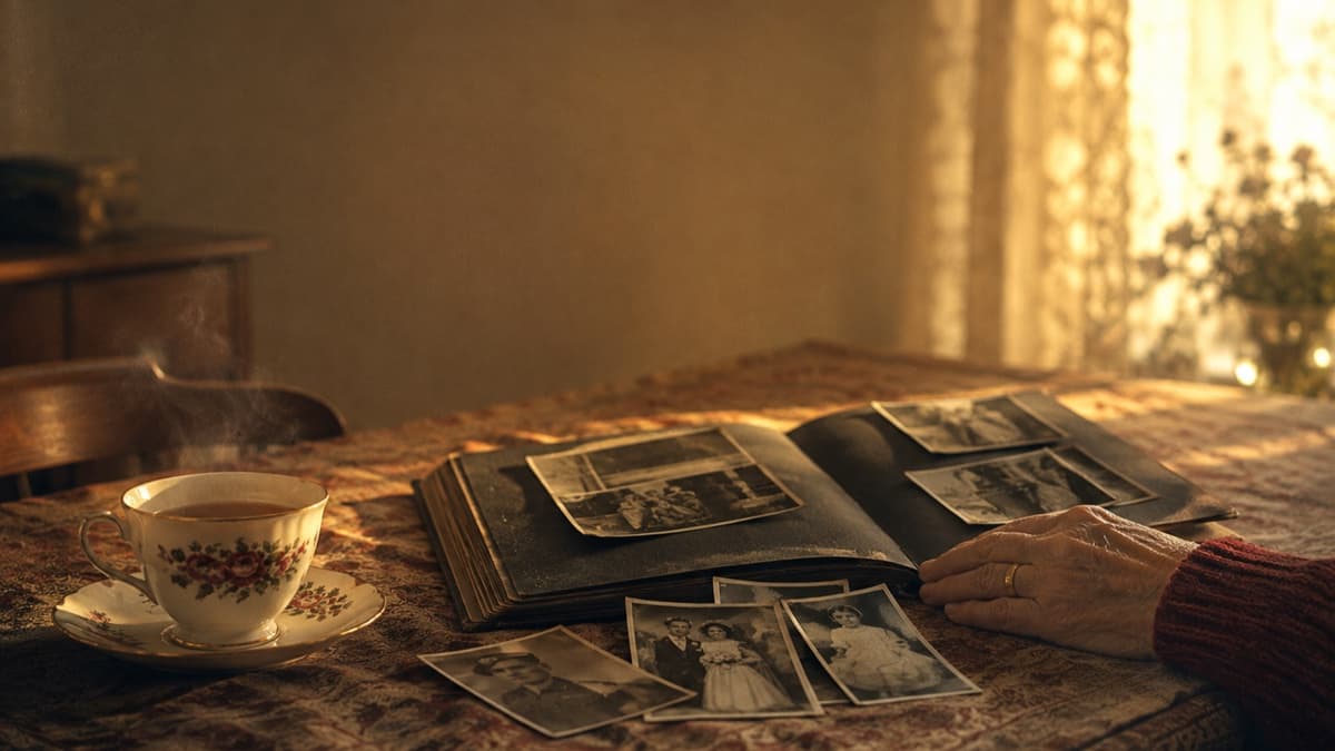 A quiet interior: an open family photo album on a patterned tablecloth beside a floral teacup with steam rising, a handful of black-and-white photographs spilled loose across the cloth, a single elderly hand resting at the edge of the album. Late-afternoon window light.
