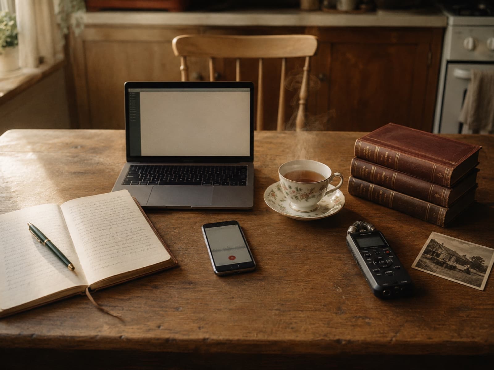 A warmly lit English kitchen table arranged with objects representing five different paths to a printed memoir: an open notebook with a fountain pen resting across handwritten pages, a laptop with a blank screen, a mobile phone beside a bone-china teacup with rising steam, a stack of three leather-bound biographies with gold-foil spines, and a small pocket audio recorder beside a folded photograph.