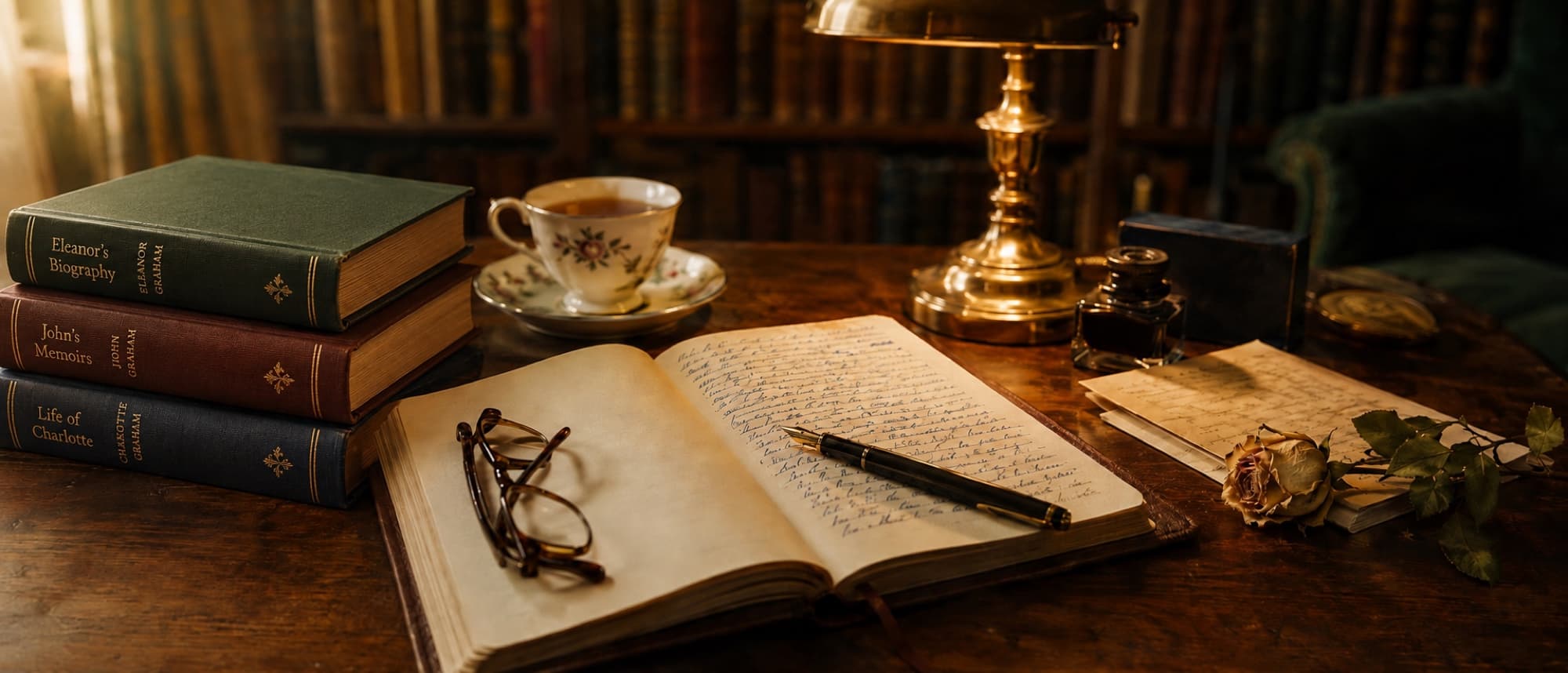 A warmly lit writing desk: an open leather journal with a handwritten page and a fountain pen resting across it, a bone-china teacup, three stacked hardcover books, a brass reading lamp, an inkwell, a folded letter, and a dried rose. Golden hour light through a window catches every edge.