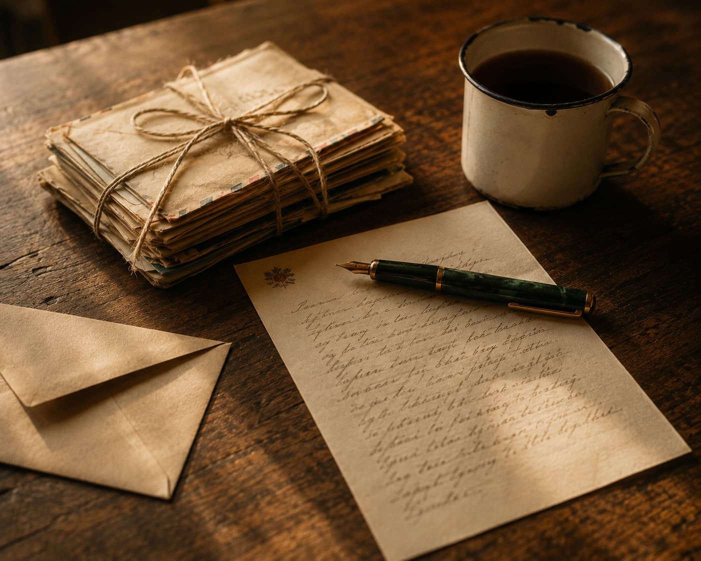 A hand-written letter on cream stationery on a scrubbed wooden kitchen table, a dark green marbled fountain pen laid across the top of the page. Beside the letter: a small stack of old family letters tied with cream twine, an empty brown paper envelope, and a chipped enamel mug of black tea. Soft afternoon window light from the left, deep shadows.