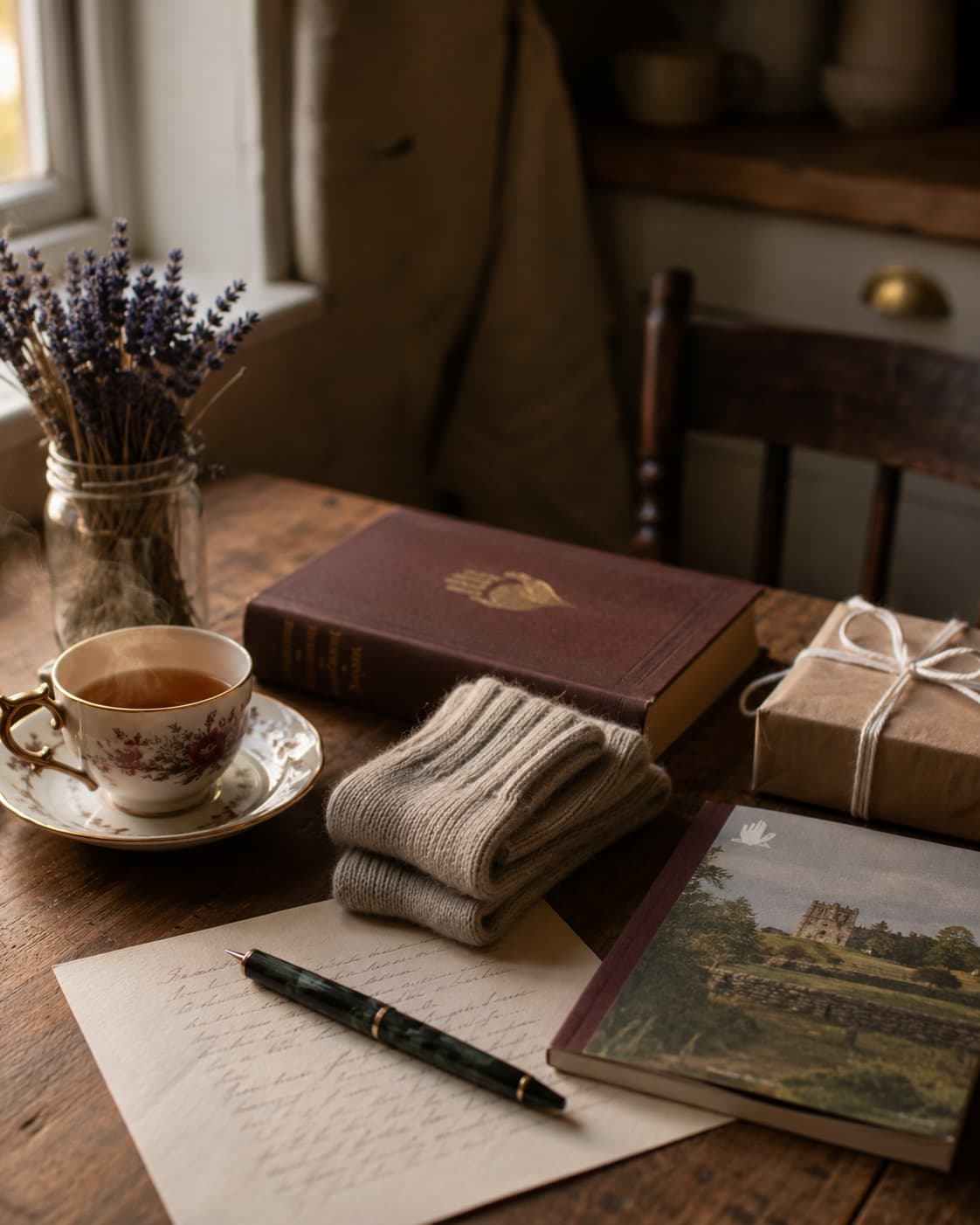 Portrait view of a wooden table by a window: a small bunch of dried lavender in a glass jam-jar, a dark red hardcover with a gold-foil emblem, a folded pair of oatmeal-cream merino socks, a brown-paper package tied with cream twine, a National Trust guidebook with a watercolour of an English country house on the cover, and a fountain pen resting across a handwritten letter on cream stationery.
