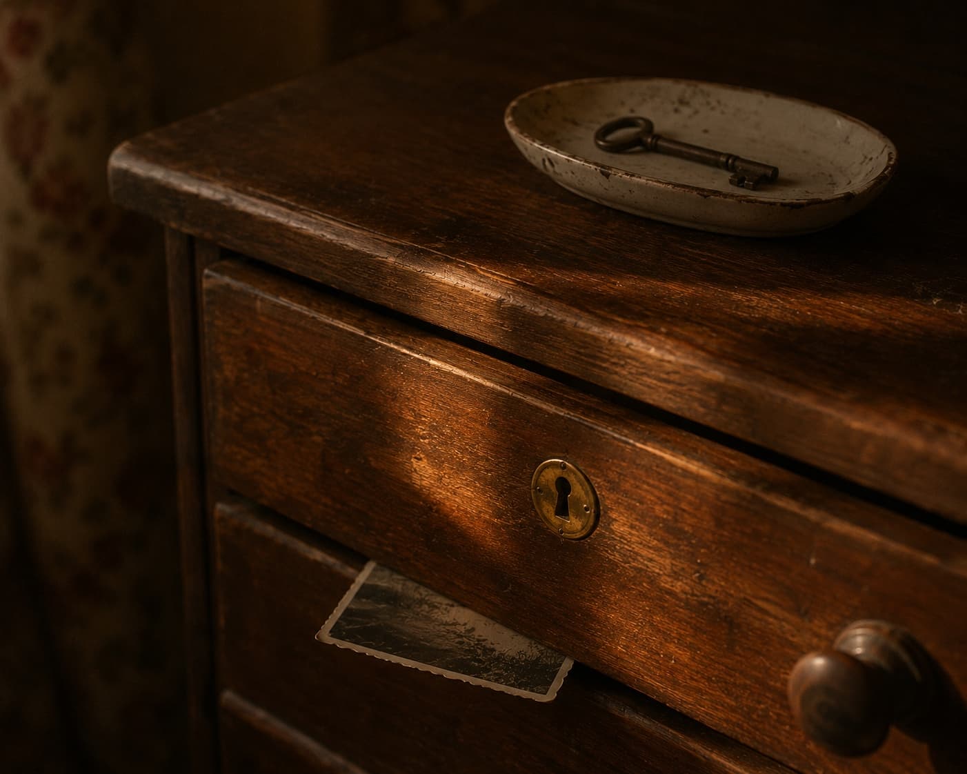 A closed wooden drawer in an old kitchen dresser, its brass keyhole warmed by late-afternoon light. On top of the dresser: a small ceramic dish holding a single tarnished house key. The corner of a black-and-white photograph is just visible tucked underneath the drawer.