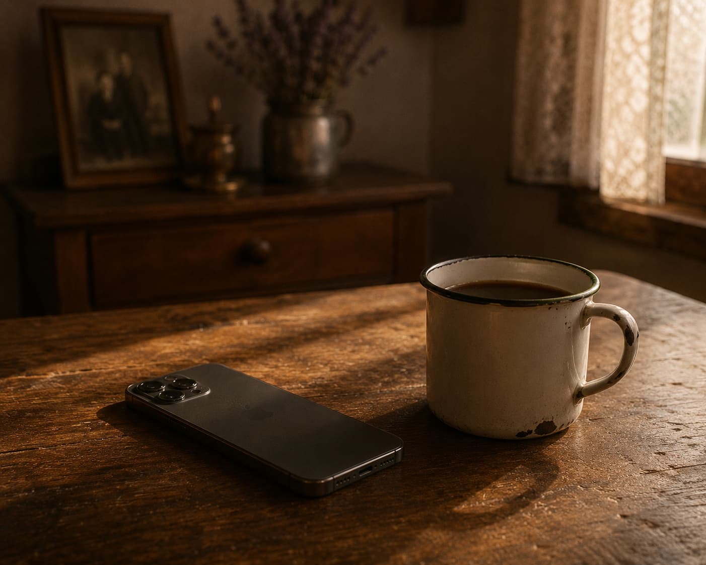 A modern smartphone rests face-down on a scrubbed wooden kitchen table beside an old enamel mug of black tea. Warm afternoon light catches the phone's edge and the rim of the mug. In the softly out-of-focus background, a wooden dresser with a framed sepia portrait and a small vase of dried lavender.